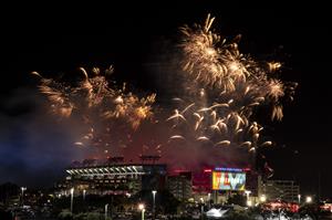 TAMPA, FLORIDA - FEBRUARY 07: Fireworks explode over Raymond James Stadium at half time during Super Bowl LV between the Tampa Bay Buccaneers and Kansas City Chiefs on February 07, 2021 in Tampa, Florida. (Photo by Douglas P. DeFelice/Getty Images)
