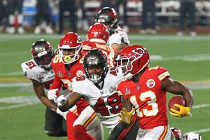TAMPA, FLORIDA - FEBRUARY 07: Byron Pringle #13 of the Kansas City Chiefs carries the ball during the third quarter against the Tampa Bay Buccaneers in Super Bowl LV at Raymond James Stadium on February 07, 2021 in Tampa, Florida. (Photo by Mike Ehrmann/Getty Images)