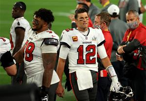 TAMPA, FLORIDA - FEBRUARY 07: Tom Brady #12 of the Tampa Bay Buccaneers looks on during the fourth quarter against the Kansas City Chiefs in Super Bowl LV at Raymond James Stadium on February 07, 2021 in Tampa, Florida. (Photo by Mike Ehrmann/Getty Images)