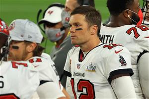 TAMPA, FLORIDA - FEBRUARY 07: Tom Brady #12 of the Tampa Bay Buccaneers looks on during the fourth quarter against the Kansas City Chiefs in Super Bowl LV at Raymond James Stadium on February 07, 2021 in Tampa, Florida. (Photo by Mike Ehrmann/Getty Images)