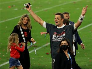 TAMPA, FLORIDA - FEBRUARY 07: Tom Brady #12 of the Tampa Bay Buccaneers signals after winning Super Bowl LV at Raymond James Stadium on February 07, 2021 in Tampa, Florida. (Photo by Mike Ehrmann/Getty Images)