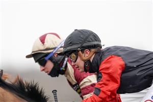 SUNBURY, ENGLAND - FEBRUARY 09: Megan Nicholls in action at Kempton Park Racecourse on February 09, 2021 in Sunbury, England. Due to the Coronavirus pandemic, owners along with the paying public will not be allowed to attend the meeting. (Photo by Alan Crowhurst/Getty Images)