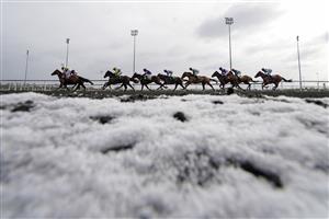 SUNBURY, ENGLAND - FEBRUARY 09: A general view as runner turn the bend in The vbet.co.uk Standard Open NH Flat Race (GBB Race) (Div 1) at Kempton Park Racecourse on February 09, 2021 in Sunbury, England. Due to the Coronavirus pandemic, owners along with the paying public will not be allowed to attend the meeting. (Photo by Alan Crowhurst/Getty Images)