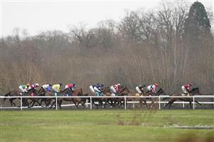 SUNBURY, ENGLAND - FEBRUARY 09: A general view as runners race down the back straight in The vbet.co.uk Standard Open NH Flat Race (GBB Race) (Div 2) at Kempton Park Racecourse on February 09, 2021 in Sunbury, England. Due to the Coronavirus pandemic, owners along with the paying public will not be allowed to attend the meeting. (Photo by Alan Crowhurst/Getty Images)