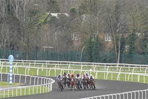 SUNBURY, ENGLAND - FEBRUARY 09: A general view as runners turn into the straight in The Gamble Responsibly With VBet 'Jumpers' Bumper' NH Flat Race at Kempton Park Racecourse on February 09, 2021 in Sunbury, England. Due to the Coronavirus pandemic, owners along with the paying public will not be allowed to attend the meeting. (Photo by Alan Crowhurst/Getty Images)
