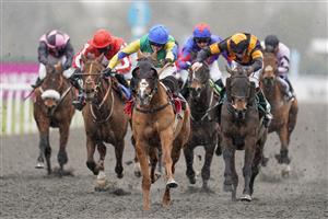 SUNBURY, ENGLAND - FEBRUARY 09: Jack Quinlan riding Billy's Angel (C, blue cap) win The Best Odds Guaranteed At VBet 'Jumpers' Bumper' NH Flat Race at Kempton Park Racecourse on February 09, 2021 in Sunbury, England. Due to the Coronavirus pandemic, owners along with the paying public will not be allowed to attend the meeting. (Photo by Alan Crowhurst/Getty Images)