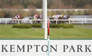 SUNBURY, ENGLAND - FEBRUARY 09: A general view as runners race down the back straight in The Bet Better With VBet 'Jumpers' Bumper' NH Flat Race at Kempton Park Racecourse on February 09, 2021 in Sunbury, England. Due to the Coronavirus pandemic, owners along with the paying public will not be allowed to attend the meeting. (Photo by Alan Crowhurst/Getty Images)
