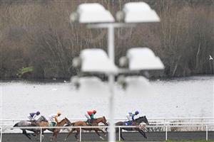 SUNBURY, ENGLAND - FEBRUARY 09: A general view as runners race down the back straight in The Gamble Responsibly With VBet 'Jumpers' Bumper' NH Flat Race at Kempton Park Racecourse on February 09, 2021 in Sunbury, England. Due to the Coronavirus pandemic, owners along with the paying public will not be allowed to attend the meeting. (Photo by Alan Crowhurst/Getty Images)