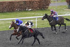 SUNBURY, ENGLAND - FEBRUARY 09: Sam Twiston-Davies riding Earlofthecotswolds (black/yellow) win The Play 5Up For Free At VBet 'Jumpers' Bumper' NH Flat Race at Kempton Park Racecourse on February 09, 2021 in Sunbury, England. Due to the Coronavirus pandemic, owners along with the paying public will not be allowed to attend the meeting. (Photo by Alan Crowhurst/Getty Images)
