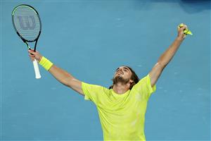 MELBOURNE, AUSTRALIA - FEBRUARY 11: Stefanos Tsitsipas of Greece celebrates after winning his Men