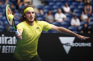 MELBOURNE, AUSTRALIA - FEBRUARY 11: Stefanos Tsitsipas of Greece plays a forehand in his Men
