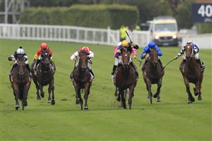 SYDNEY, AUSTRALIA - FEBRUARY 13: Tommy Berry on Masked Crusader (yellow cap) wins race 6 the Cellarbrations Southern Cross Stakes during Sydney Racing at Royal Randwick Racecourse on February 13, 2021 in Sydney, Australia. (Photo by Mark Evans/Getty Images)
