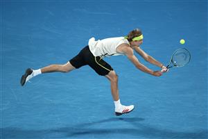 MELBOURNE, AUSTRALIA - FEBRUARY 16: Alexander Zverev of Germany plays a backhand in his Men