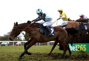 WETHERBY, ENGLAND - FEBRUARY 17: Destinee Royale ridden by Charlie Deutsch (left) on their way to winning the Racing TV HD On Sky 426 Handicap Chase at Wetherby Racecourse on February 17, 2021 in Wetherby, England. (Photo by Pool/Getty Images)