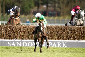 ESHER, ENGLAND - FEBRUARY 18: Niall Houlihan riding Belargus clear the last to win The Elmbridge Handicap Chase at Sandown Park Racecourse on February 18, 2021 in Esher, England. Due to the coronavirus pandemic, owners along with the paying public will not be allowed to attend the meeting. (Photo by Alan Crowhurst/Getty Images)