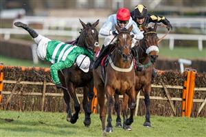 ESHER, ENGLAND - FEBRUARY 18: Jonjo O'Neill Jr. is unseated from Uptown Lady at the last hurdle when challenging at Sandown Park Racecourse on February 18, 2021 in Esher, England. Due to the coronavirus pandemic, owners along with the paying public will not be allowed to attend the meeting. (Photo by Alan Crowhurst/Getty Images)