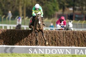 ESHER, ENGLAND - FEBRUARY 18: Niall Houlihan riding Belargus clear the last to win The Elmbridge Handicap Chase at Sandown Park Racecourse on February 18, 2021 in Esher, England. Due to the coronavirus pandemic, owners along with the paying public will not be allowed to attend the meeting. (Photo by Alan Crowhurst/Getty Images)