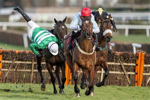 ESHER, ENGLAND - FEBRUARY 18: Jonjo O'Neill Jr. is unseated from Uptown Lady at the last hurdle when challenging at Sandown Park Racecourse on February 18, 2021 in Esher, England. Due to the coronavirus pandemic, owners along with the paying public will not be allowed to attend the meeting. (Photo by Alan Crowhurst/Getty Images)