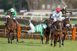 ESHER, ENGLAND - FEBRUARY 18: Jonjo O'Neill Jr. is unseated from Uptown Lady at the last hurdle when challenging at Sandown Park Racecourse on February 18, 2021 in Esher, England. Due to the coronavirus pandemic, owners along with the paying public will not be allowed to attend the meeting. (Photo by Alan Crowhurst/Getty Images)