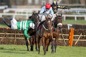 ESHER, ENGLAND - FEBRUARY 18: Jonjo O'Neill Jr. is unseated from Uptown Lady at the last hurdle when challenging at Sandown Park Racecourse on February 18, 2021 in Esher, England. Due to the coronavirus pandemic, owners along with the paying public will not be allowed to attend the meeting. (Photo by Alan Crowhurst/Getty Images)