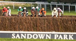 ESHER, ENGLAND - FEBRUARY 18: Harry Skelton riding No Getaway (black/white cap) lead all the way to win The Kingston Handicap Chase at Sandown Park Racecourse on February 18, 2021 in Esher, England. Due to the coronavirus pandemic, owners along with the paying public will not be allowed to attend the meeting. (Photo by Alan Crowhurst/Getty Images)