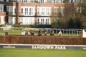 ESHER, ENGLAND - FEBRUARY 18: Harry Skelton riding No Getaway (black/white cap) lead all the way to win The Kingston Handicap Chase at Sandown Park Racecourse on February 18, 2021 in Esher, England. Due to the coronavirus pandemic, owners along with the paying public will not be allowed to attend the meeting. (Photo by Alan Crowhurst/Getty Images)