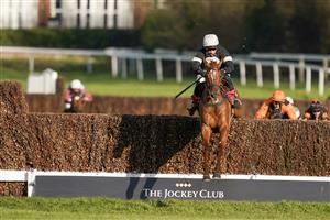 ESHER, ENGLAND - FEBRUARY 18: Harry Skelton riding No Getaway clear the last to win The Kingston Handicap Chase at Sandown Park Racecourse on February 18, 2021 in Esher, England. Due to the coronavirus pandemic, owners along with the paying public will not be allowed to attend the meeting. (Photo by Alan Crowhurst/Getty Images)