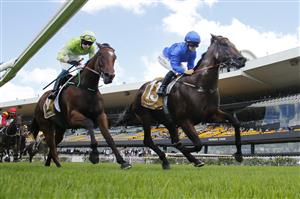 SYDNEY, AUSTRALIA - FEBRUARY 20: Rachel King on Andermatt (blue) wins race 1 the Chandon Handicap during Sydney Racing at Rosehill Gardens on February 20, 2021 in Sydney, Australia. (Photo by Mark Evans/Getty Images)