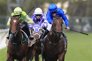 SYDNEY, AUSTRALIA - FEBRUARY 20: Rachel King on Andermatt (blue) wins race 1 the Chandon Handicap during Sydney Racing at Rosehill Gardens on February 20, 2021 in Sydney, Australia. (Photo by Mark Evans/Getty Images)