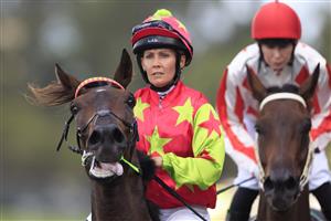 SYDNEY, AUSTRALIA - FEBRUARY 20: Rachel King on Blue Missile returns to scale after winning race 2 the TAB Highway Class 3 Handicap during Sydney Racing at Rosehill Gardens on February 20, 2021 in Sydney, Australia. (Photo by Mark Evans/Getty Images)