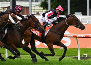 MELBOURNE, AUSTRALIA - FEBRUARY 20: Jamie Kah riding Yes Baby Yes wins Race 3, the Neds Angus Armanasco Stakes, during Blue Diamond Stakes Day at Caulfield Racecourse on February 20, 2021 in Melbourne, Australia. (Photo by Vince Caligiuri/Getty Images)