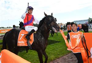 MELBOURNE, AUSTRALIA - FEBRUARY 20: Luke Currie riding Artorius winning Race 7, the Neds Blue Diamond Stakes, during Blue Diamond Stakes Day at Caulfield Racecourse on February 20, 2021 in Melbourne, Australia. (Photo by Vince Caligiuri/Getty Images)