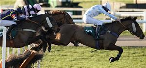 WARWICK, ENGLAND - FEBRUARY 26: Caolin Quinn riding Eaton Miller (R) clear the last to win The racingtv.com 'Hands And Heels' Conditional Jockeys' Handicap Hurdle at Warwick Racecourse on February 26, 2021 in Warwick, England. Due to the coronavirus pandemic, owners along with the paying public will not be allowed to attend the meeting. (Photo by Alan Crowhurst/Getty Images)