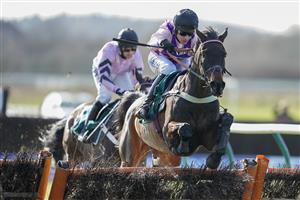 WARWICK, ENGLAND - FEBRUARY 26: Tom Cannon riding Jay Bee Why clear the last to win The British Stallion Studs EBF 'National Hunt' Novices' Hurdle at Warwick Racecourse on February 26, 2021 in Warwick, England. Due to the coronavirus pandemic, owners along with the paying public will not be allowed to attend the meeting. (Photo by Alan Crowhurst/Getty Images)