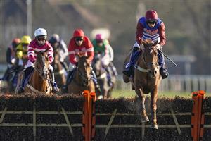 SUNBURY, ENGLAND - FEBRUARY 27: Adrian Heskin riding Tritonic clear the last to win The Close Brothers Adonis Juvenile Hurdle at Kempton Park Racecourse on February 27, 2021 in Sunbury, England. Due to the coronavirus pandemic, owners along with the paying public will not be allowed to attend the meeting. (Photo by Alan Crowhurst/Getty Images)