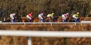 SUNBURY, ENGLAND - FEBRUARY 27: Adrian Heskin riding Tritonic (C, #8) on their way to winning The Close Brothers Adonis Juvenile Hurdle at Kempton Park Racecourse on February 27, 2021 in Sunbury, England. Due to the coronavirus pandemic, owners along with the paying public will not be allowed to attend the meeting. (Photo by Alan Crowhurst/Getty Images)