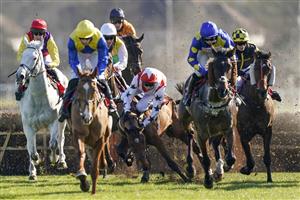 SUNBURY, ENGLAND - FEBRUARY 27: Jockey Tom Cannon parts company with Top Man during The Close Brothers Asset Finance Handicap Hurdle at Kempton Park Racecourse on February 27, 2021 in Sunbury, England. Due to the coronavirus pandemic, owners along with the paying public will not be allowed to attend the meeting. (Photo by Alan Crowhurst/Getty Images)