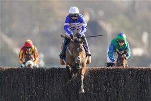 SUNBURY, ENGLAND - FEBRUARY 27: Harry Cobden riding Tamaroc Du Mathan clear the last to win The Close Brothers Pendil Novices' Chase at Kempton Park Racecourse on February 27, 2021 in Sunbury, England. Due to the coronavirus pandemic, owners along with the paying public will not be allowed to attend the meeting. (Photo by Alan Crowhurst/Getty Images)