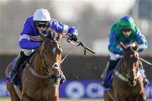 SUNBURY, ENGLAND - FEBRUARY 27: Harry Cobden riding Tamaroc Du Mathan clear the last to win The Close Brothers Pendil Novices' Chase at Kempton Park Racecourse on February 27, 2021 in Sunbury, England. Due to the coronavirus pandemic, owners along with the paying public will not be allowed to attend the meeting. (Photo by Alan Crowhurst/Getty Images)