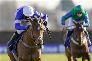 SUNBURY, ENGLAND - FEBRUARY 27: Harry Cobden riding Tamaroc Du Mathan clear the last to win The Close Brothers Pendil Novices' Chase at Kempton Park Racecourse on February 27, 2021 in Sunbury, England. Due to the coronavirus pandemic, owners along with the paying public will not be allowed to attend the meeting. (Photo by Alan Crowhurst/Getty Images)
