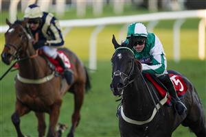 SUNBURY, ENGLAND - FEBRUARY 27: Nico de Boinville riding Guardino (green) win The Close Brothers Premium Finance Standard Open NH Flat Race at Kempton Park Racecourse on February 27, 2021 in Sunbury, England. Due to the coronavirus pandemic, owners along with the paying public will not be allowed to attend the meeting. (Photo by Alan Crowhurst/Getty Images)