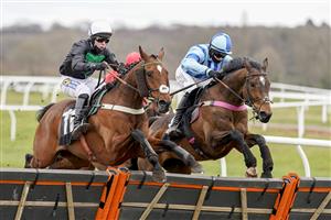 NEWBURY, ENGLAND - MARCH 06: Tom Buckley riding Always Resolute (L) clear the last to win The BetVictor Seniors' Handicap Hurdle at Newbury Racecourse on March 06, 2021 in Newbury, England. Due to the coronavirus pandemic, owners along with the paying public will not be allowed to attend the meeting. (Photo by Alan Crowhurst/Getty Images)