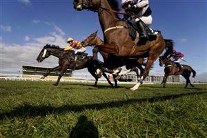 NEWBURY, ENGLAND - MARCH 06: David Noonan riding Umbrigado (L, yellow cap) get up on the run-in to win The BetVictor Greatwood Gold Cup Handicap Chase at Newbury Racecourse on March 06, 2021 in Newbury, England. Due to the coronavirus pandemic, owners along with the paying public will not be allowed to attend the meeting. (Photo by Alan Crowhurst/Getty Images)