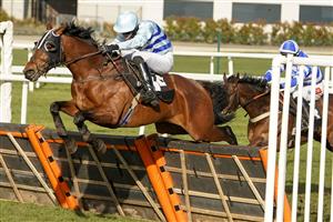 NEWBURY, ENGLAND - MARCH 06: Fergus Gillard riding Iron Heart clear the last to win The BetVictor Novices' Handicap Hurdle at Newbury Racecourse on March 06, 2021 in Newbury, England. Due to the coronavirus pandemic, owners along with the paying public will not be allowed to attend the meeting. (Photo by Alan Crowhurst/Getty Images)
