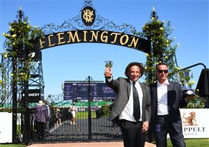 MELBOURNE, AUSTRALIA - MARCH 06: Trainers Matthew Ellerton and Simon Zahra after Zoutori won race 6, the Seppelt Wines Newmarket Handicap, during Melbourne Racing at Flemington Racecourse on March 06, 2021 in Melbourne, Australia. (Photo by Vince Caligiuri/Getty Images)