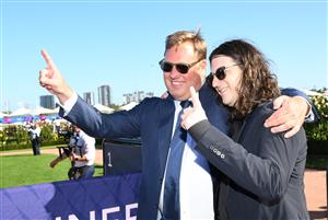 MELBOURNE, AUSTRALIA - MARCH 06: Matthew Gudinski , son of famed entrepreneur Michael Gudinski poses with Nick Williams after Homesman won Race 8, the Tab Australian Cup, during Melbourne Racing at Flemington Racecourse on March 06, 2021 in Melbourne. Michael Gudinski died peacefully in his sleep at his home in Melbourne this week aged 68. (Photo by Vince Caligiuri/Getty Images)