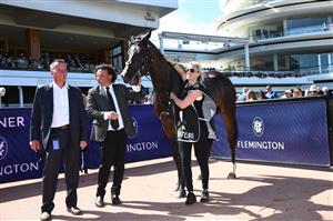 MELBOURNE, AUSTRALIA - MARCH 06: Trainers Matthew Ellerton and Simon Zahra after Zoutori won race 6, the Seppelt Wines Newmarket Handicap, during Melbourne Racing at Flemington Racecourse on March 06, 2021 in Melbourne, Australia. (Photo by Vince Caligiuri/Getty Images)