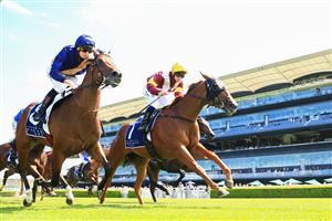 SYDNEY, AUSTRALIA - MARCH 06: Jean Van Overmeire on Glistening wins race 3 the Yarraman Park Reisling Stakes during Sydney Racing at Royal Randwick Racecourse on March 06, 2021 in Sydney, Australia. (Photo by Mark Evans/Getty Images)