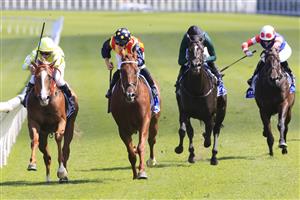 SYDNEY, AUSTRALIA - MARCH 06: Nash Rawiller on Eduardo wins race 5 the Hyland Race Colours from James McDonald on Nature Strip during Sydney Racing at Royal Randwick Racecourse on March 06, 2021 in Sydney, Australia. (Photo by Mark Evans/Getty Images)