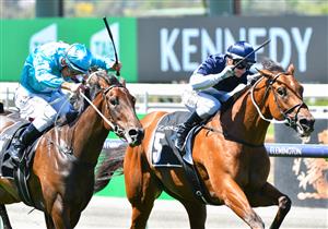 MELBOURNE, AUSTRALIA - MARCH 06: Jamie Kah riding Cumberbatch winning Race 2, the 2021 Lexus Melbourne Cup Tour, during Melbourne Racing at Flemington Racecourse on March 06, 2021 in Melbourne, Australia. (Photo by Vince Caligiuri/Getty Images)